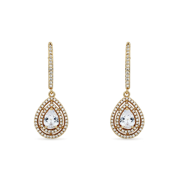 Bhavmayi Rose Gold Pear Cut Cubic Zirconia Double Halo Teardrop Drop Earrings with Pave Bar Stem.