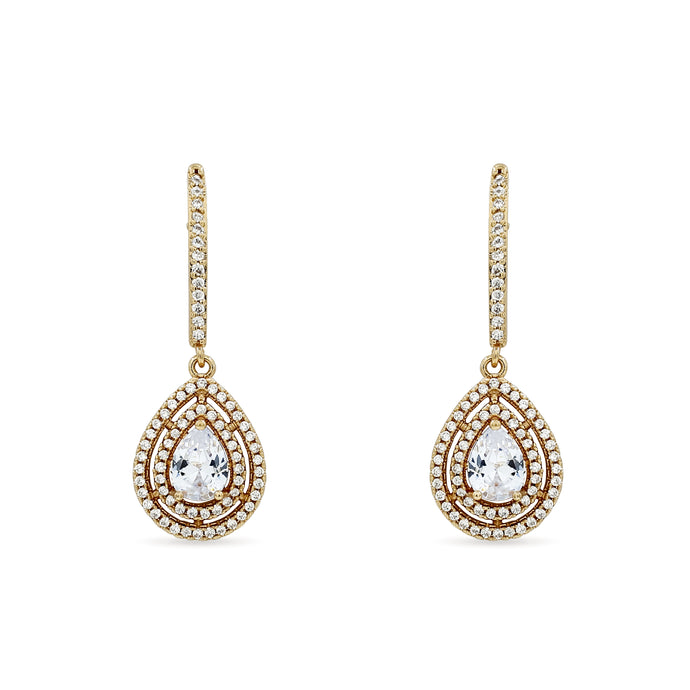Bhavmayi Rose Gold Pear Cut Cubic Zirconia Double Halo Teardrop Drop Earrings with Pave Bar Stem.