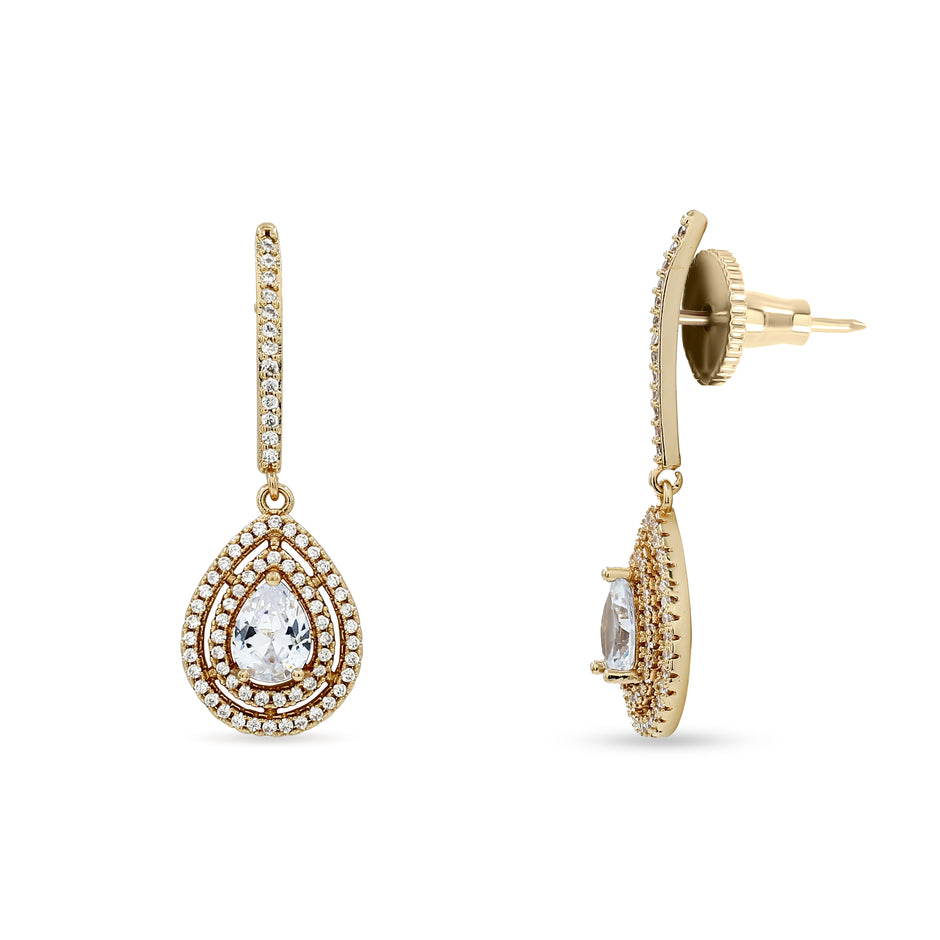 Bhavmayi Rose Gold Pear Cut Cubic Zirconia Double Halo Teardrop Drop Earrings with Pave Bar Stem.