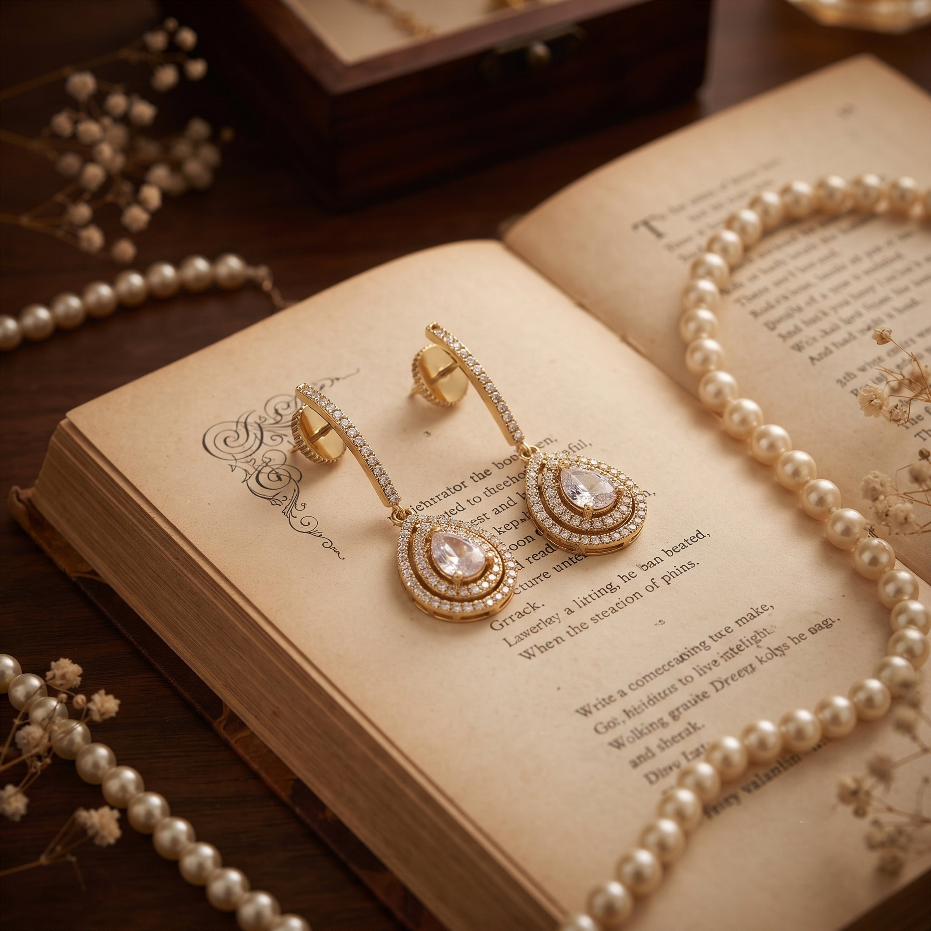Bhavmayi Rose Gold Pear Cut Cubic Zirconia Double Halo Teardrop Drop Earrings with Pave Bar Stem.