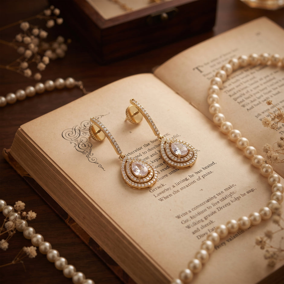 Bhavmayi Rose Gold Pear Cut Cubic Zirconia Double Halo Teardrop Drop Earrings with Pave Bar Stem.