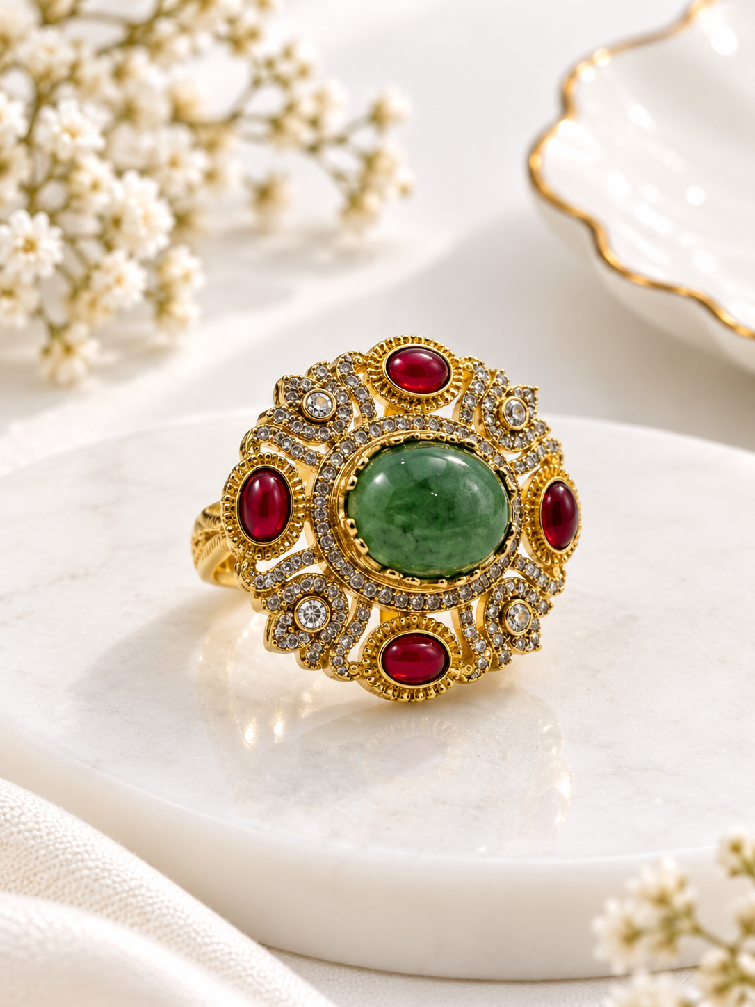 Bhavmayi Royal Green & Red Statement Stone Ring