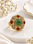 Bhavmayi Royal Green & Red Statement Stone Ring