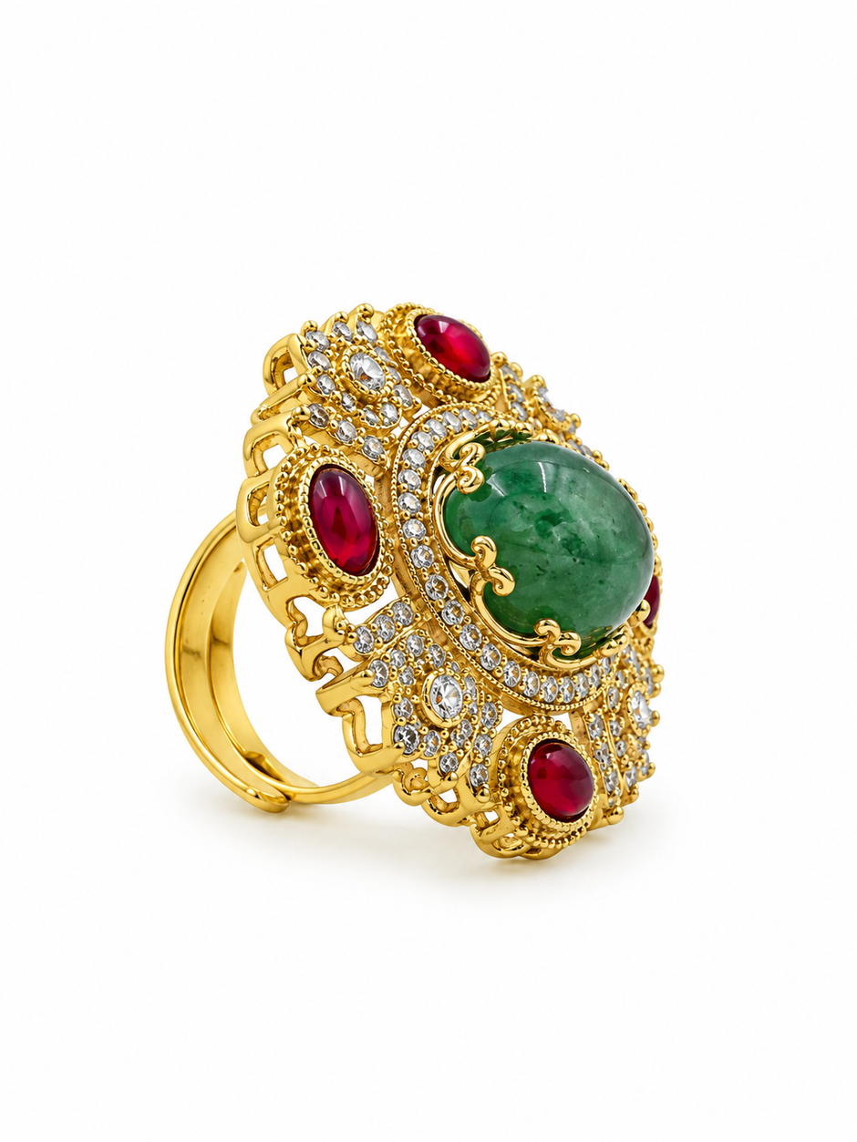 Bhavmayi Royal Green & Red Statement Stone Ring
