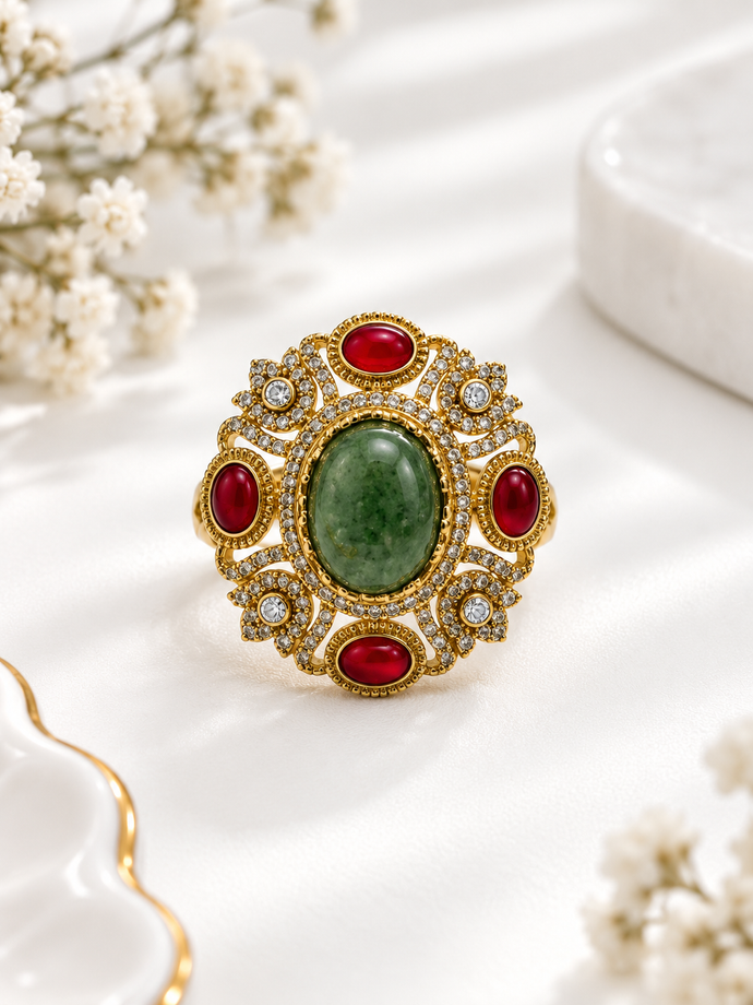Bhavmayi Royal Green & Red Statement Stone Ring