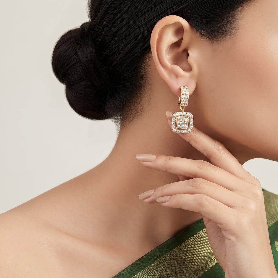 Bhavmayi Elegant Rose Gold Cushion Halo Drop Earrings – Sparkling Cubic Zirconia Pave Dangle Accent