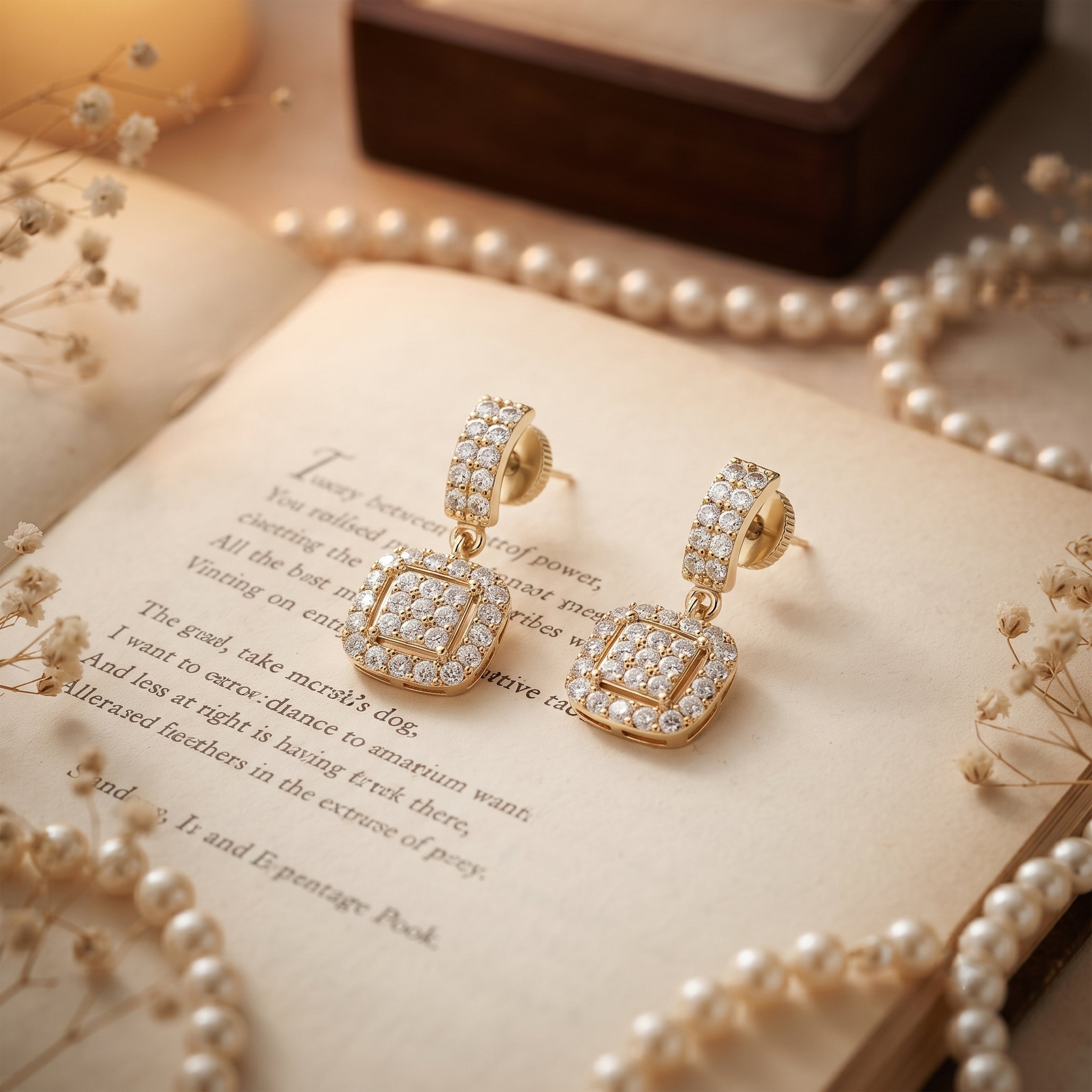 Bhavmayi Elegant Rose Gold Cushion Halo Drop Earrings – Sparkling Cubic Zirconia Pave Dangle Accent