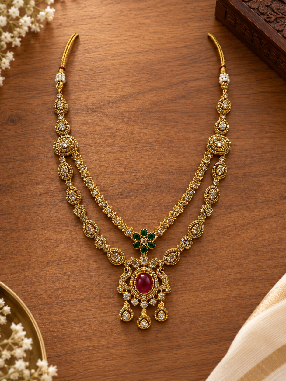 Bhavmayi Royal Ruby Green Stone Necklace Set with Matching Earrings