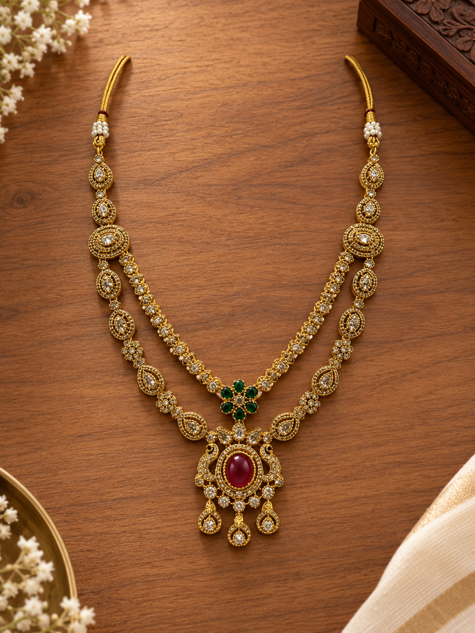 Bhavmayi Royal Ruby Green Stone Necklace Set with Matching Earrings