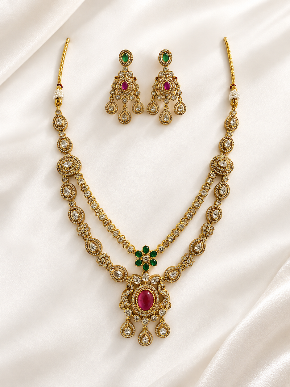 Bhavmayi Royal Ruby Green Stone Necklace Set with Matching Earrings
