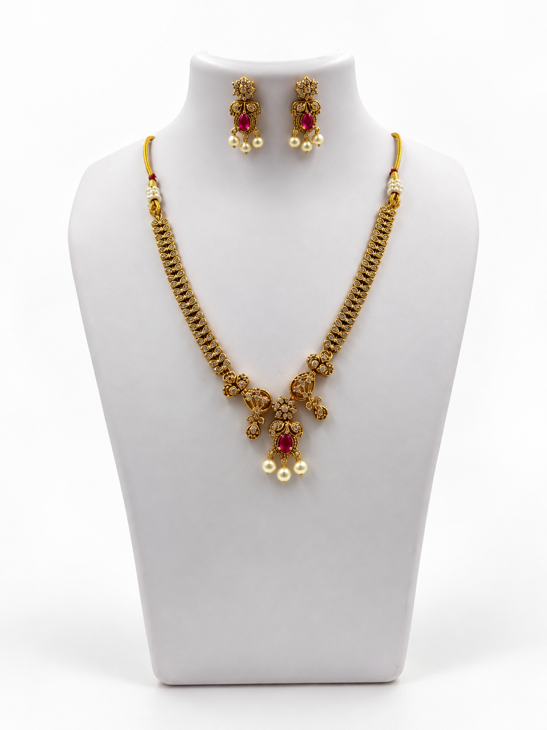 Bhavmayi Ruby Green Stone Pearl Drop Necklace Set