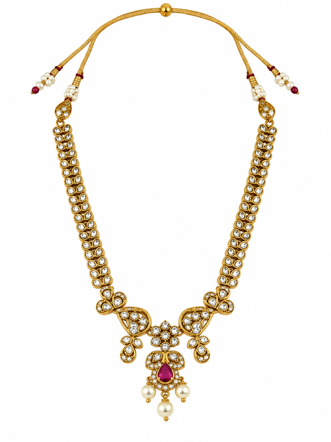 Bhavmayi Ruby Green Stone Pearl Drop Necklace Set