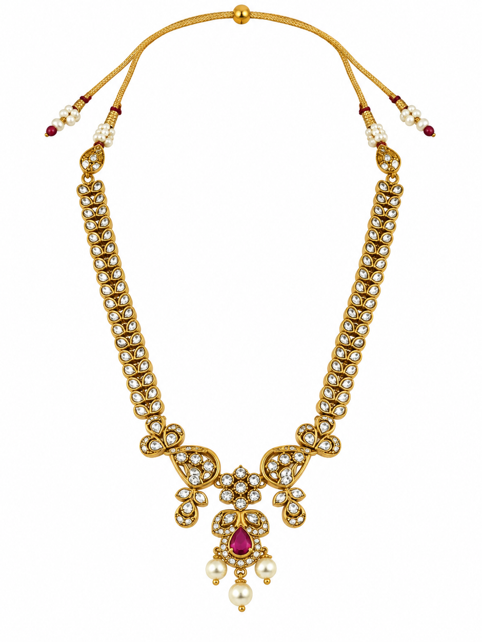 Bhavmayi Ruby Green Stone Pearl Drop Necklace Set