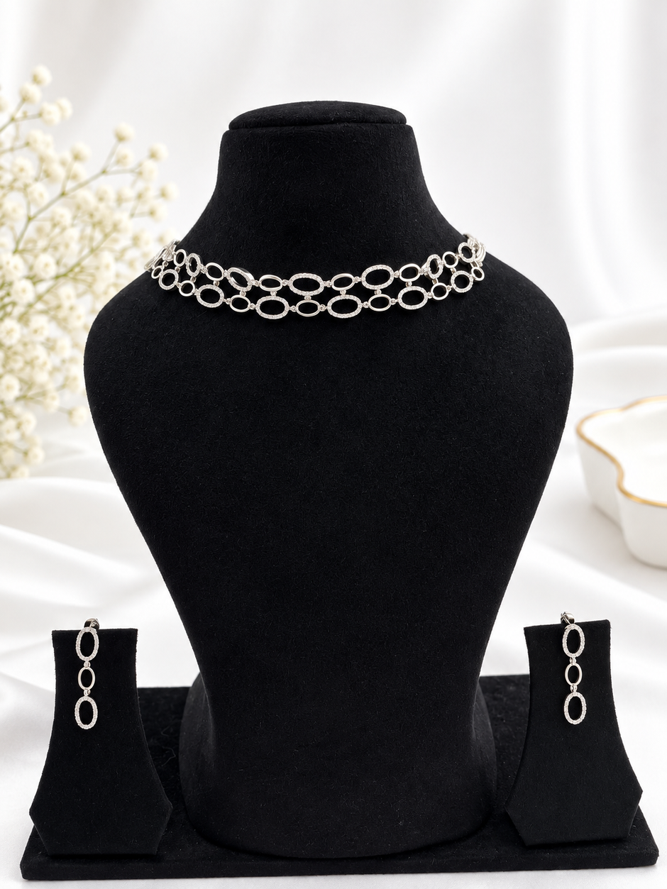Bhavmayi Silver-Tone Crystal Link Necklace & Earrings Set