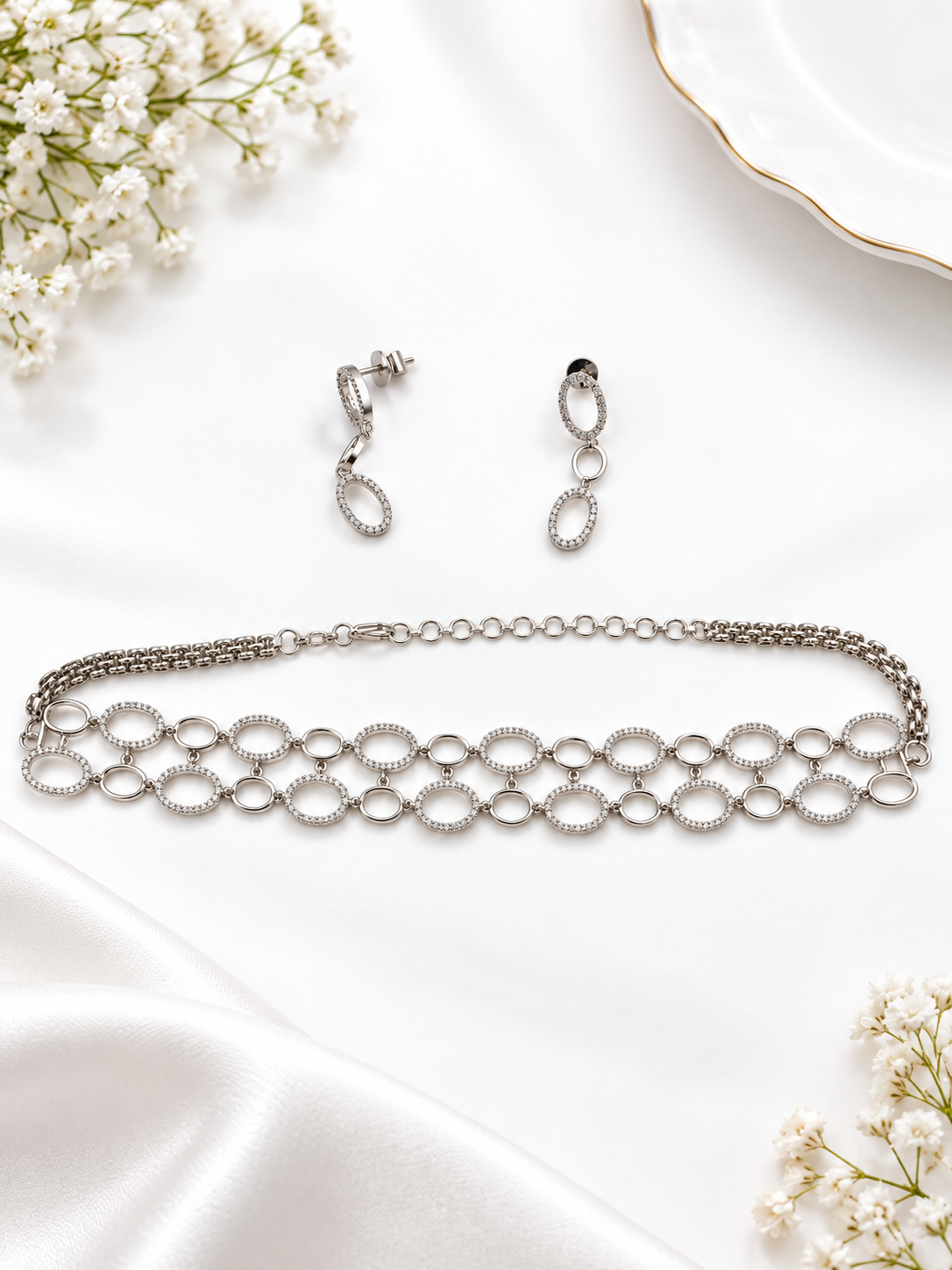 Bhavmayi Silver-Tone Crystal Link Necklace & Earrings Set