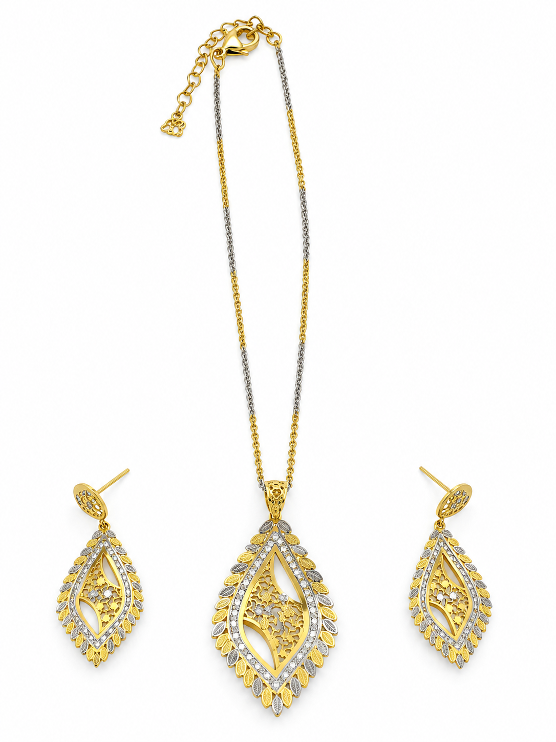 Bhavmayi Two-Tone Leaf Motif Teardrop Necklace & Earrings Set