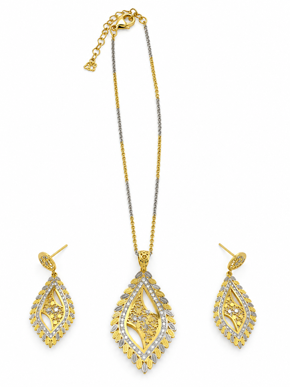 Bhavmayi Two-Tone Leaf Motif Teardrop Necklace & Earrings Set