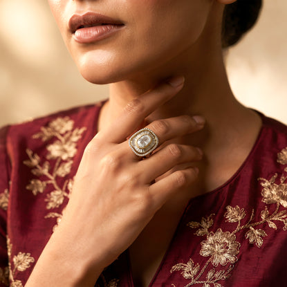 Bhavmayi Diamond Statement Gold Art Deco Oval Ring with Baguette and Pave Cushion Halo