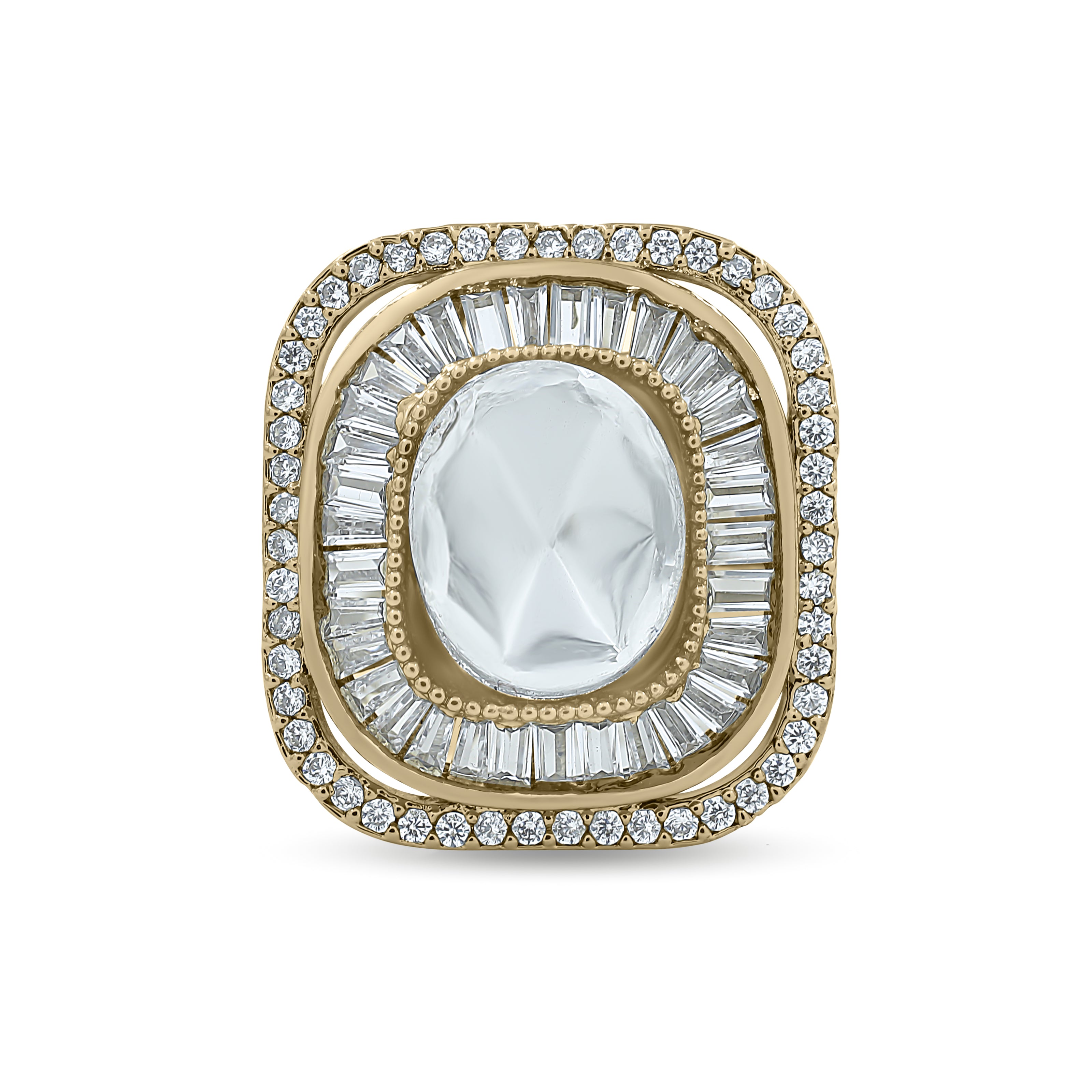 Bhavmayi Diamond Statement Gold Art Deco Oval Ring with Baguette and Pave Cushion Halo