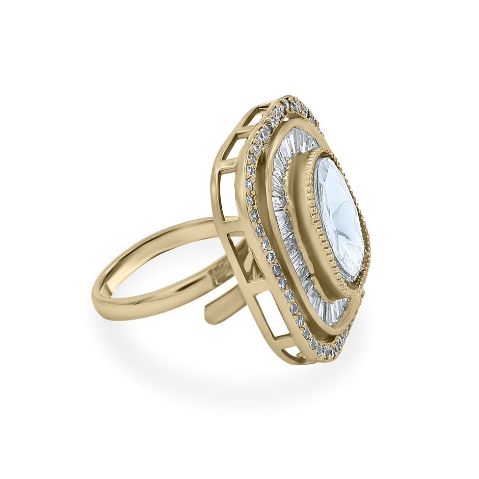 Bhavmayi Diamond Statement Gold Art Deco Oval Ring with Baguette and Pave Cushion Halo
