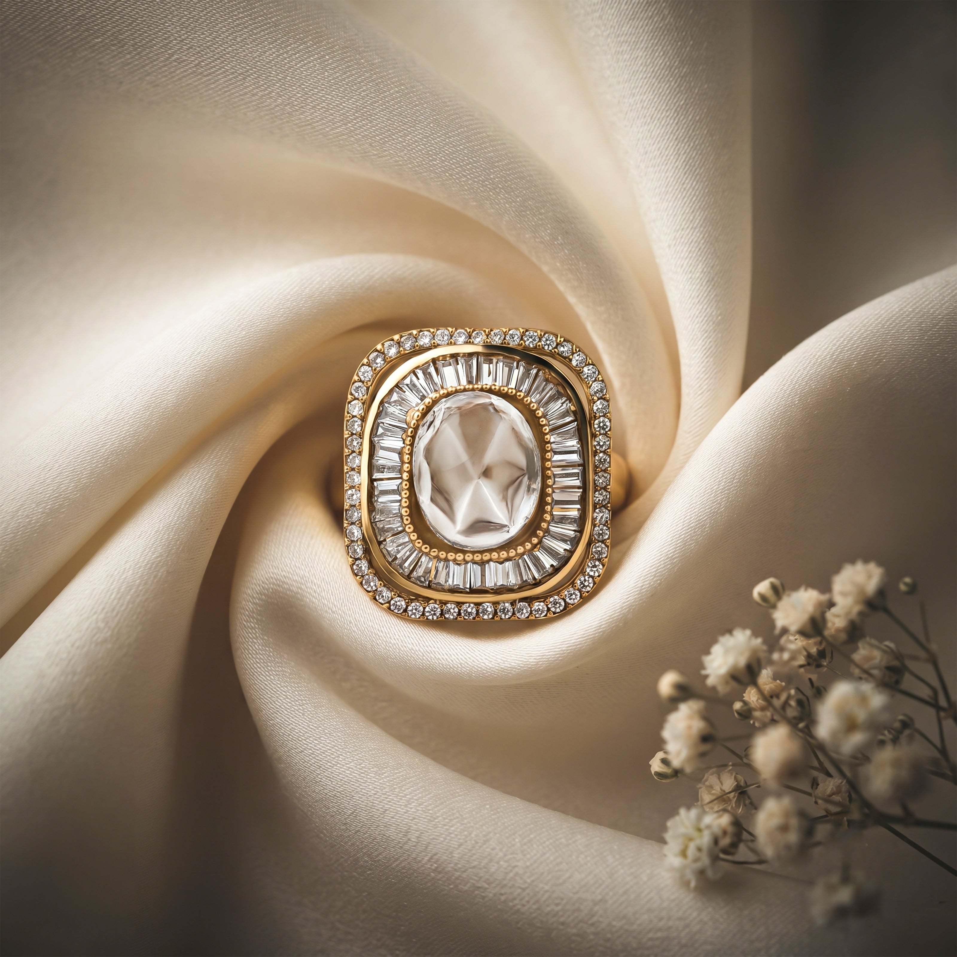 Bhavmayi Diamond Statement Gold Art Deco Oval Ring with Baguette and Pave Cushion Halo
