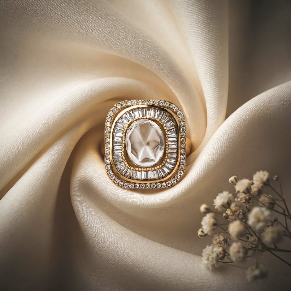 Bhavmayi Diamond Statement Gold Art Deco Oval Ring with Baguette and Pave Cushion Halo