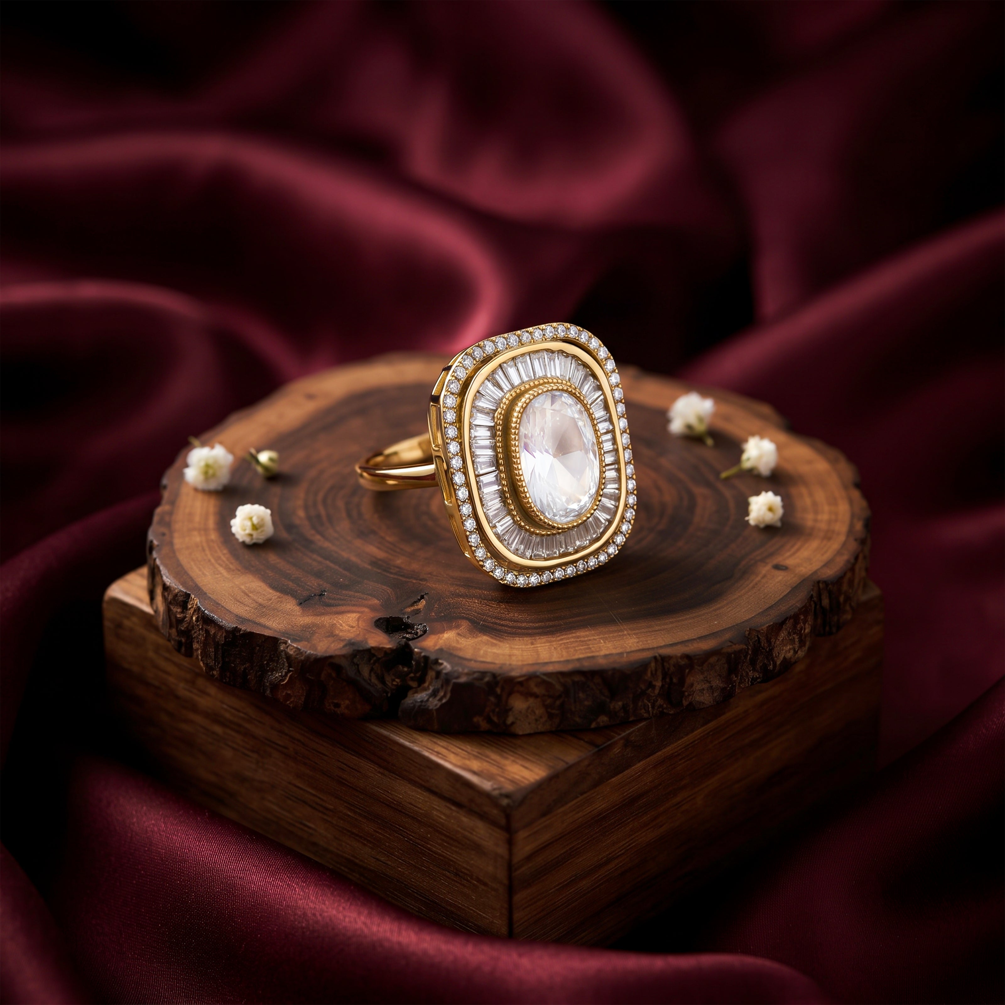 Bhavmayi Diamond Statement Gold Art Deco Oval Ring with Baguette and Pave Cushion Halo