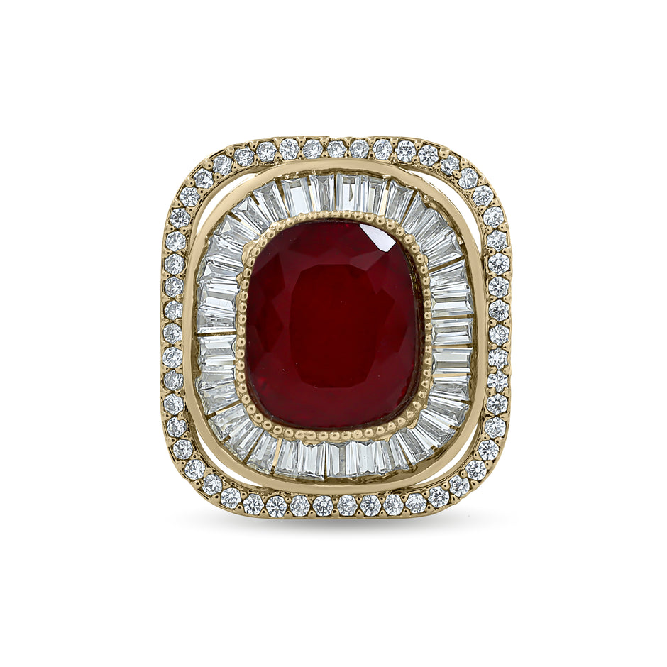 Bhavmayi Diamond Statement Gold Art Deco Oval Ring with Baguette and Pave Cushion Halo