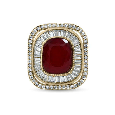 Bhavmayi Diamond Statement Gold Art Deco Oval Ring with Baguette and Pave Cushion Halo