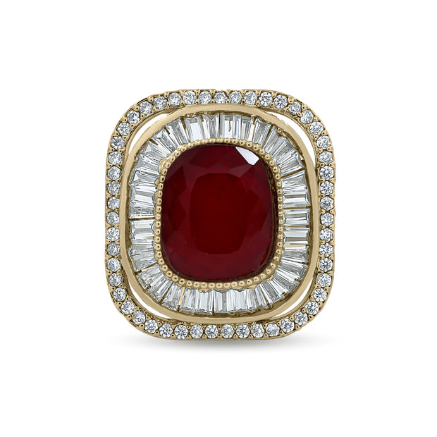 Bhavmayi Diamond Statement Gold Art Deco Oval Ring with Baguette and Pave Cushion Halo
