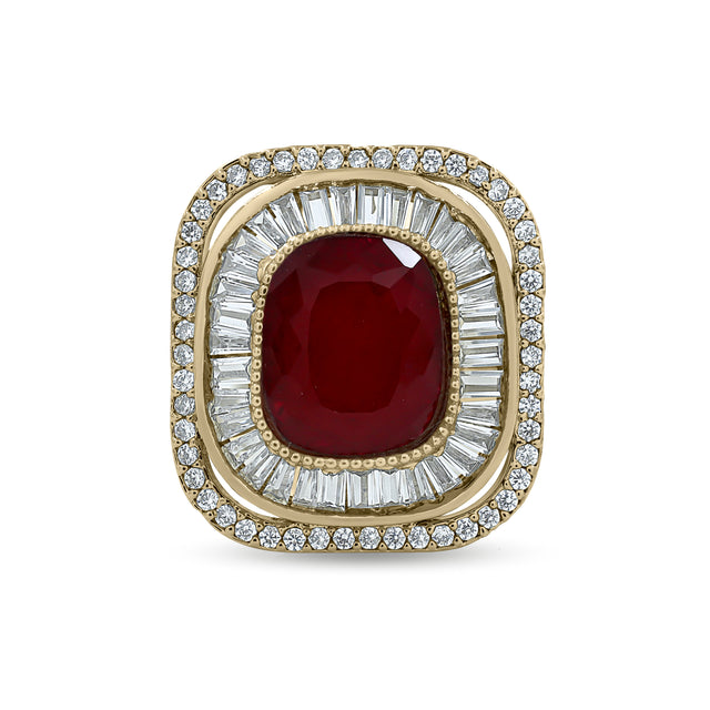 Bhavmayi Diamond Statement Gold Art Deco Oval Ring with Baguette and Pave Cushion Halo