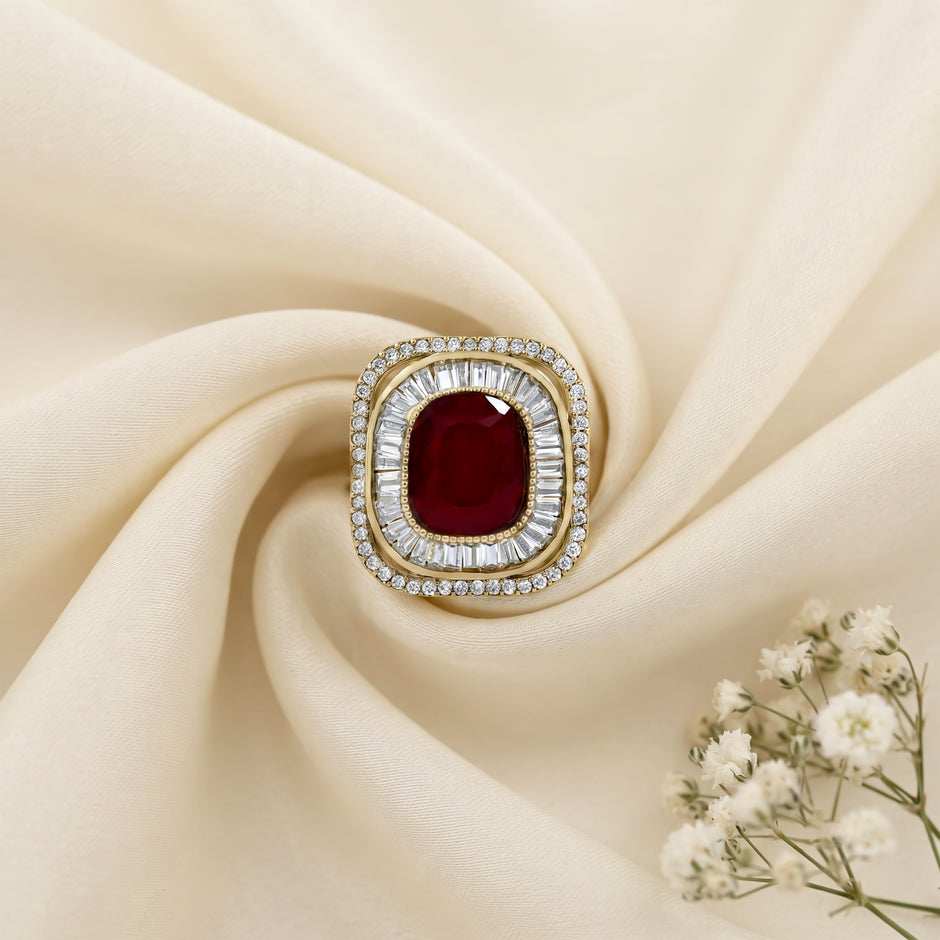 Bhavmayi Diamond Statement Gold Art Deco Oval Ring with Baguette and Pave Cushion Halo