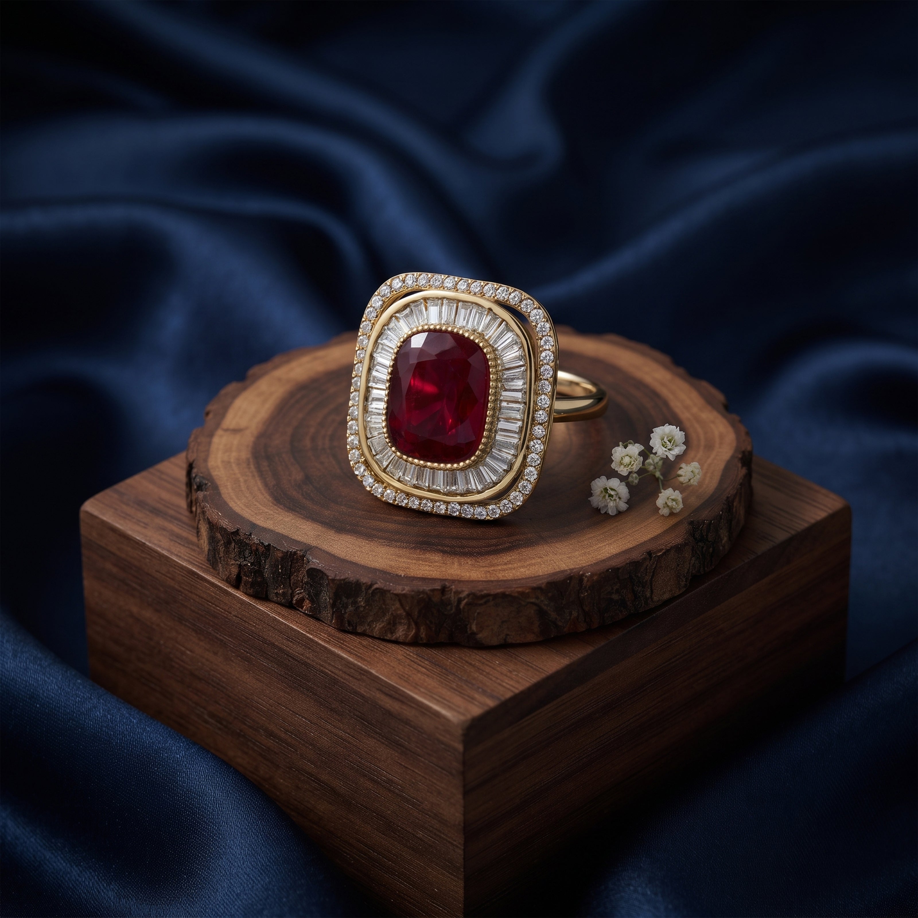 Bhavmayi Diamond Statement Gold Art Deco Oval Ring with Baguette and Pave Cushion Halo