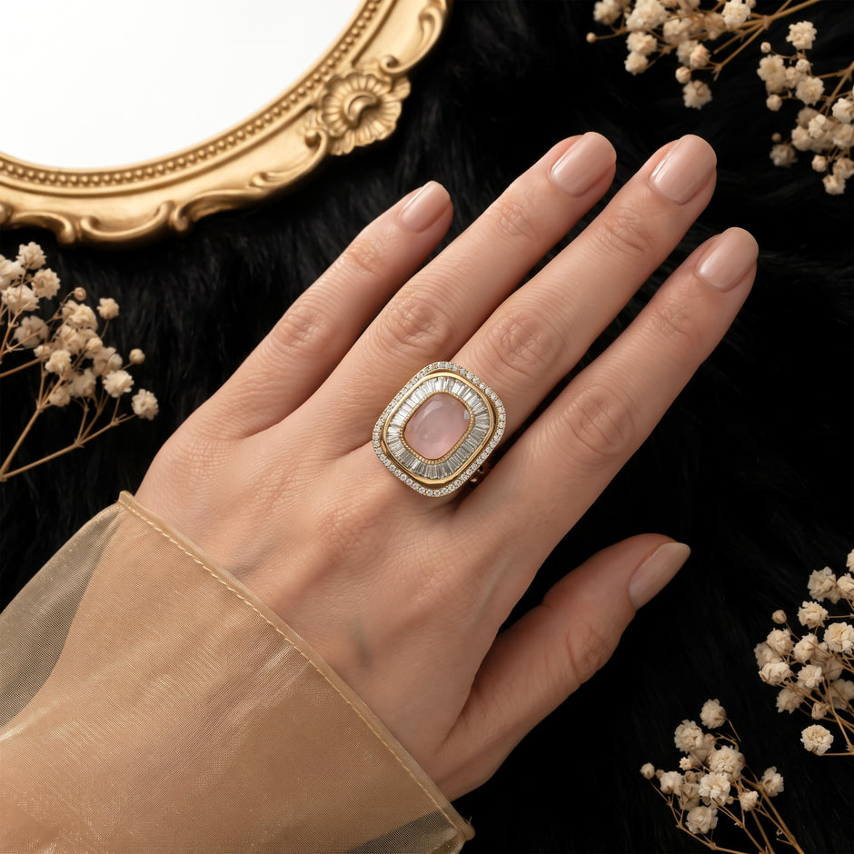 Bhavmayi Diamond Statement Gold Art Deco Oval Ring with Baguette and Pave Cushion Halo