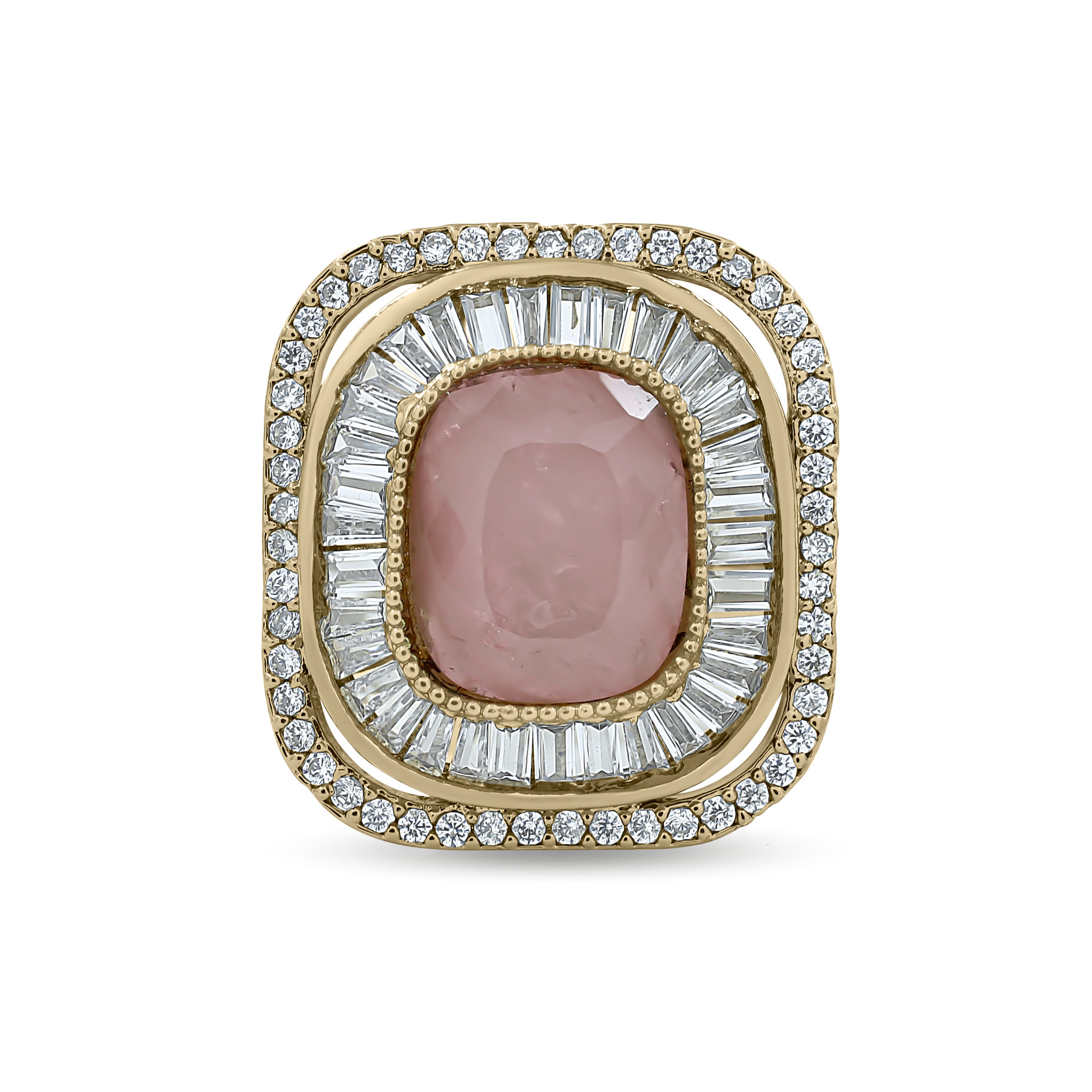 Bhavmayi Diamond Statement Gold Art Deco Oval Ring with Baguette and Pave Cushion Halo