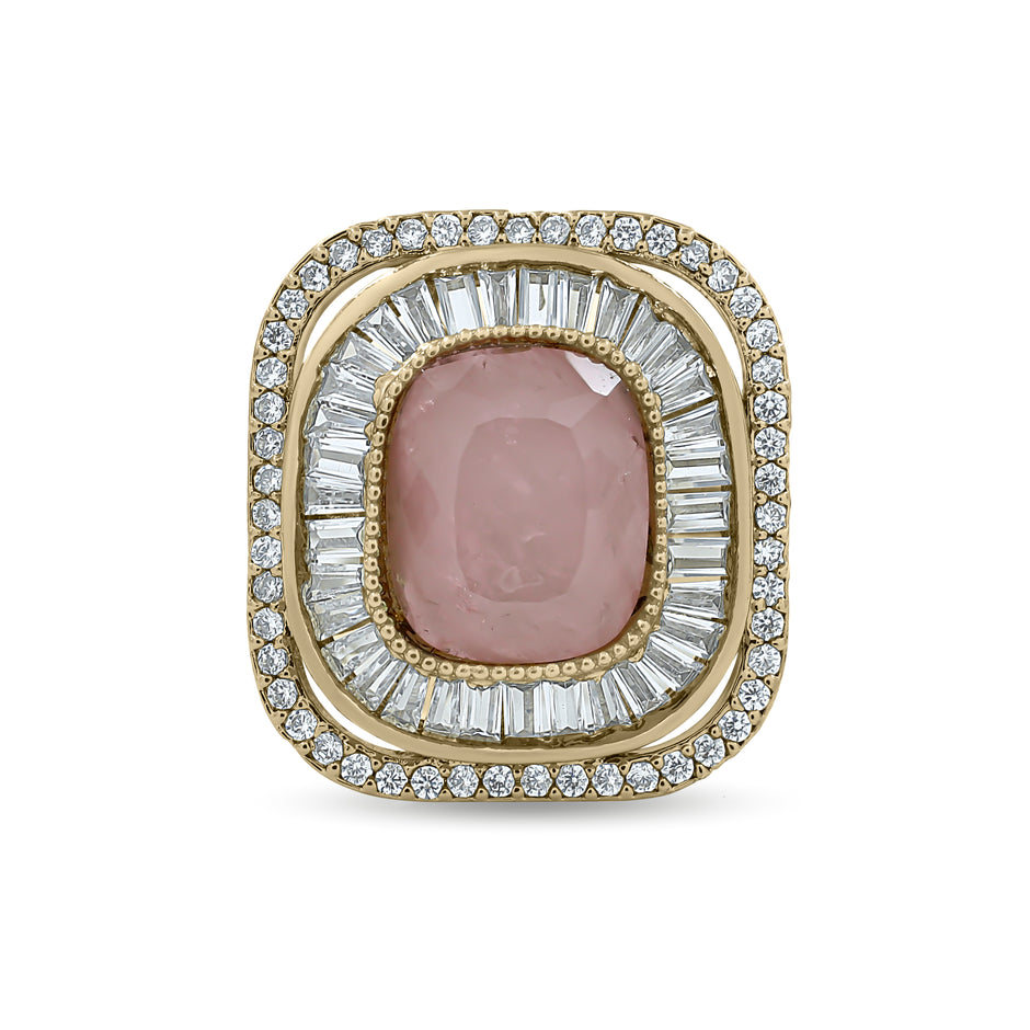 Bhavmayi Diamond Statement Gold Art Deco Oval Ring with Baguette and Pave Cushion Halo