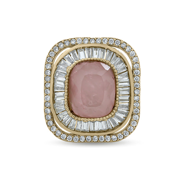 Bhavmayi Diamond Statement Gold Art Deco Oval Ring with Baguette and Pave Cushion Halo