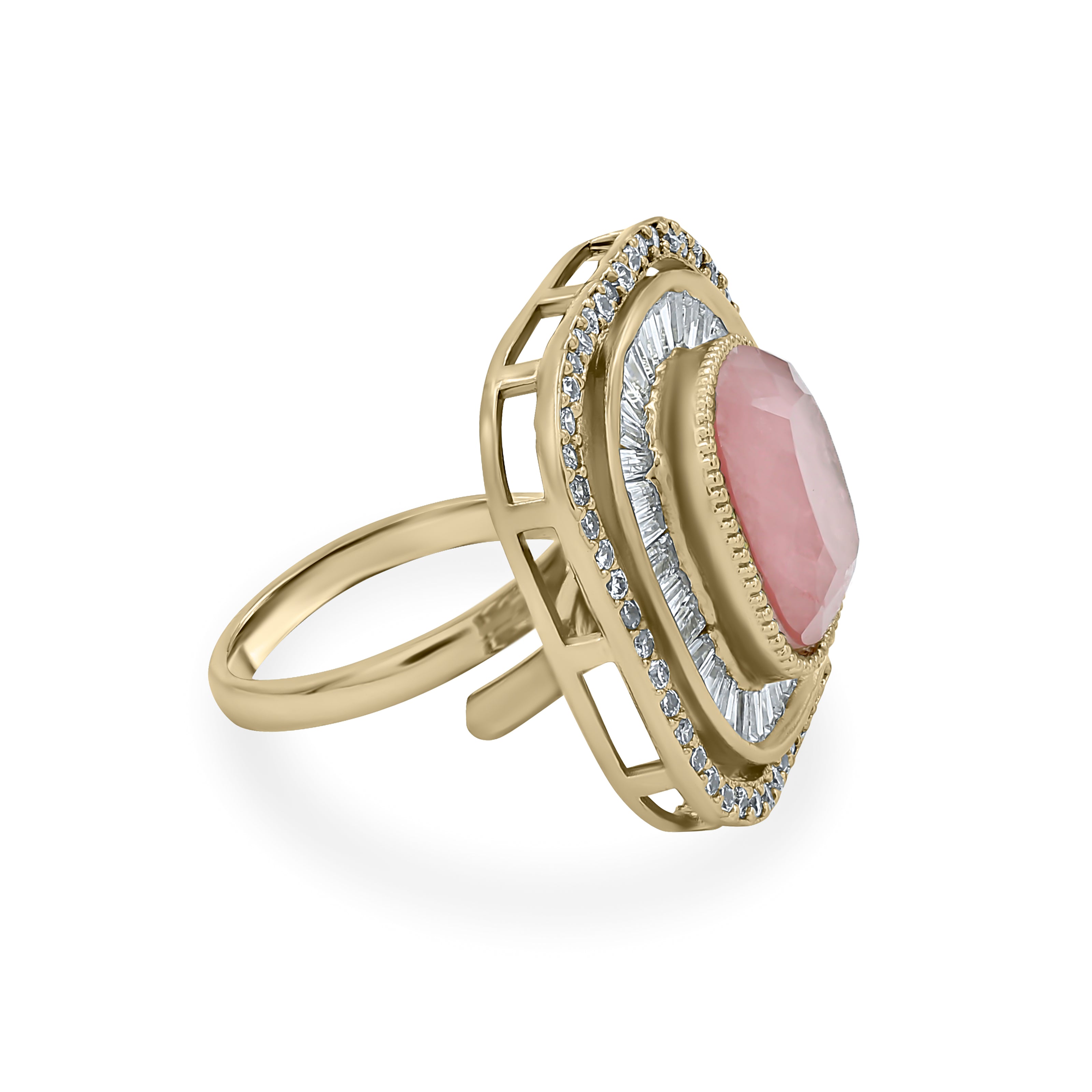 Bhavmayi Diamond Statement Gold Art Deco Oval Ring with Baguette and Pave Cushion Halo