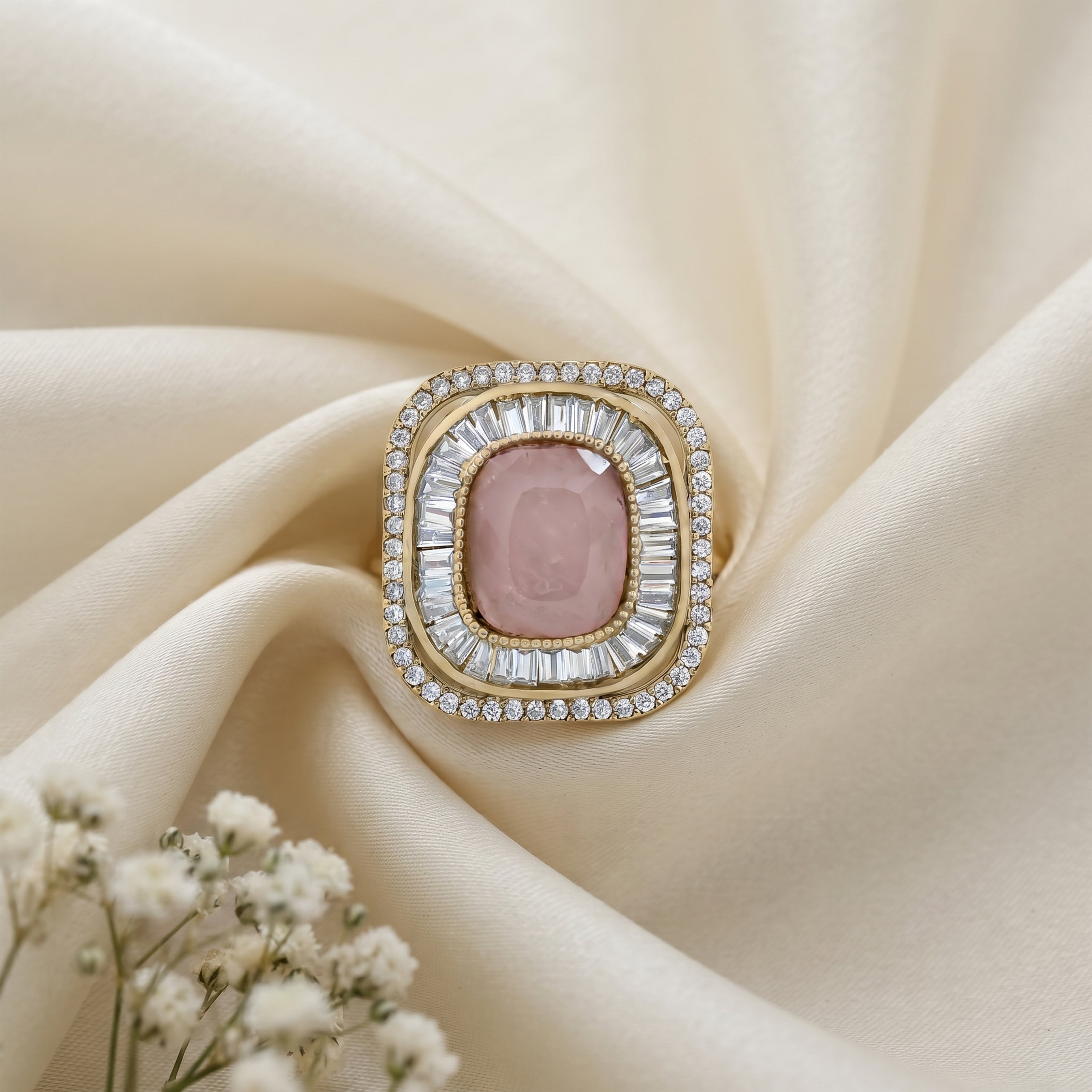 Bhavmayi Diamond Statement Gold Art Deco Oval Ring with Baguette and Pave Cushion Halo