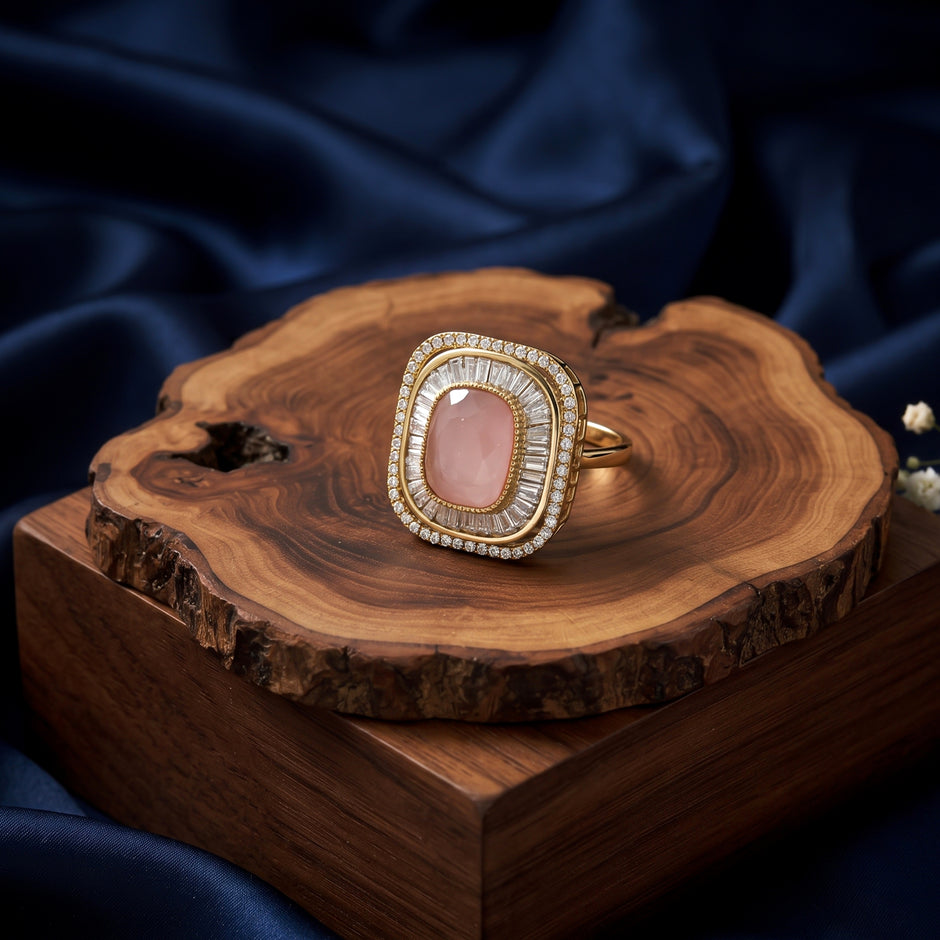 Bhavmayi Diamond Statement Gold Art Deco Oval Ring with Baguette and Pave Cushion Halo