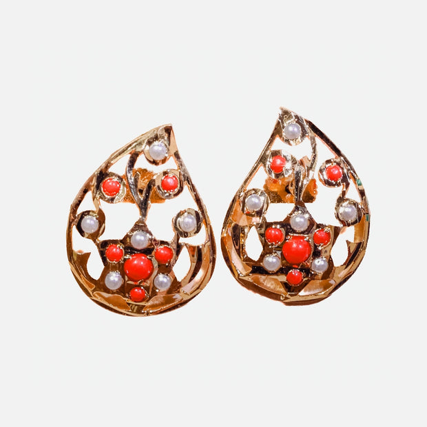 Bhavmayi Elegant 14K Gold Filigree Handmade Teardrop Studs with Coral & Pearl Accents
