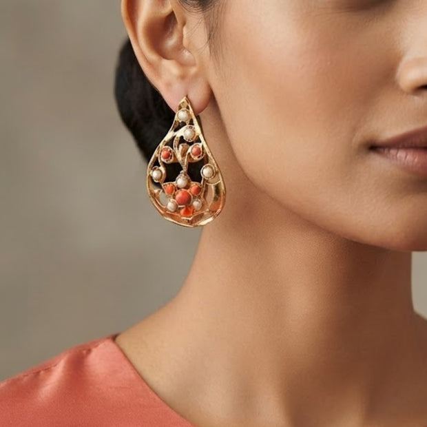 Bhavmayi Elegant 14K Gold Filigree Handmade Teardrop Studs with Coral & Pearl Accents