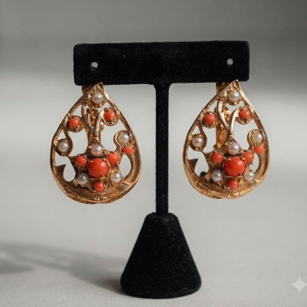 Bhavmayi Elegant 14K Gold Filigree Handmade Teardrop Studs with Coral & Pearl Accents