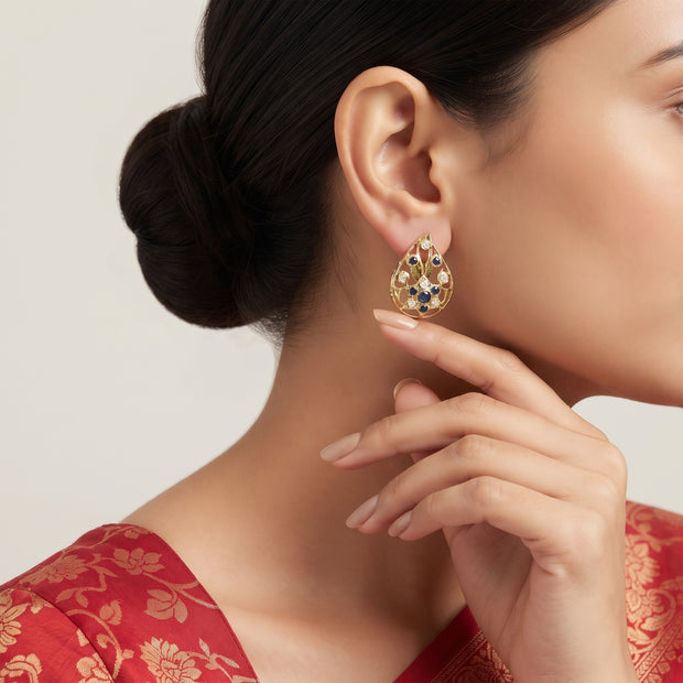 Bhavmayi Elegant 14K Gold Filigree Handmade Teardrop Studs with Coral & Pearl Accents