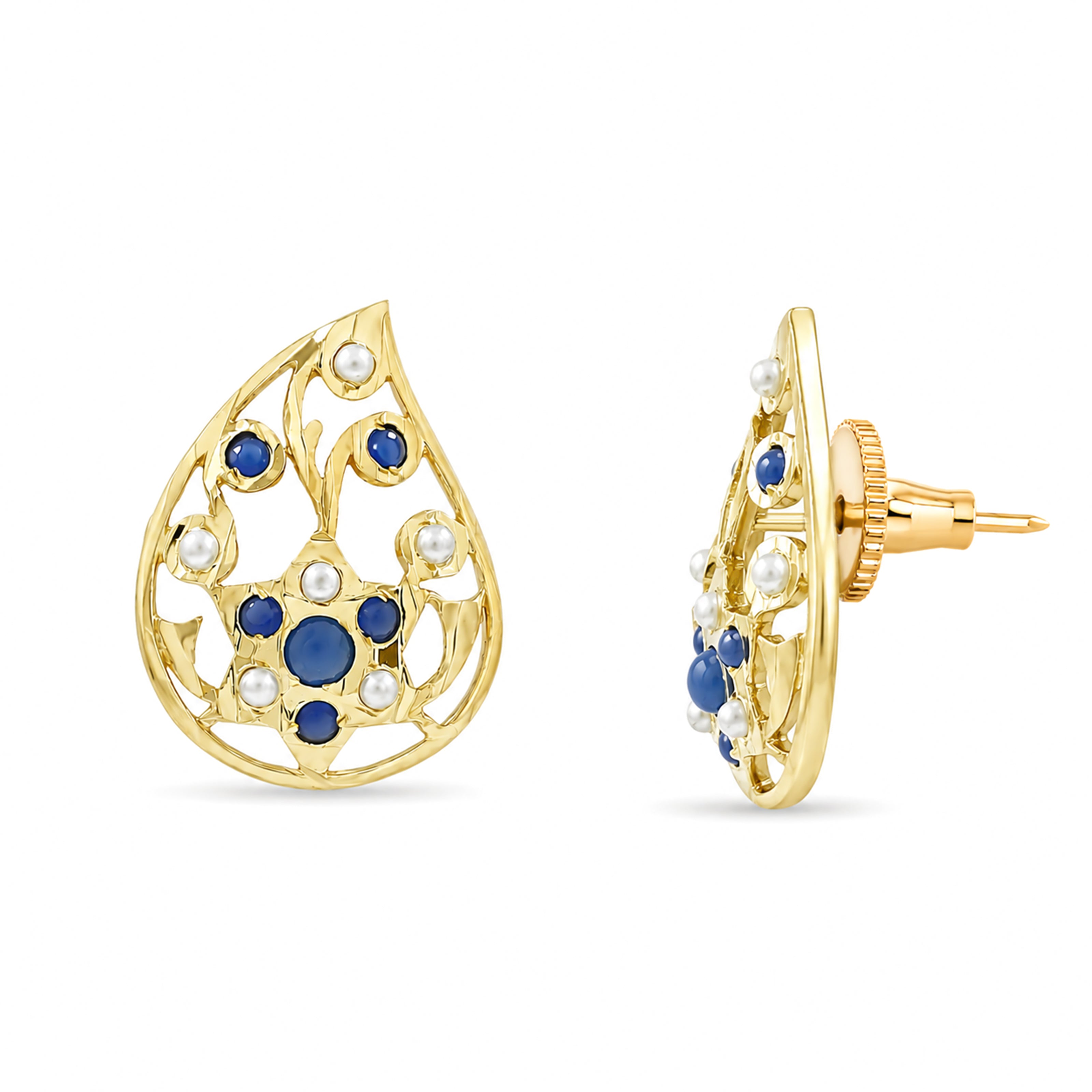 Bhavmayi Elegant 14K Gold Filigree Handmade Teardrop Studs with Coral & Pearl Accents