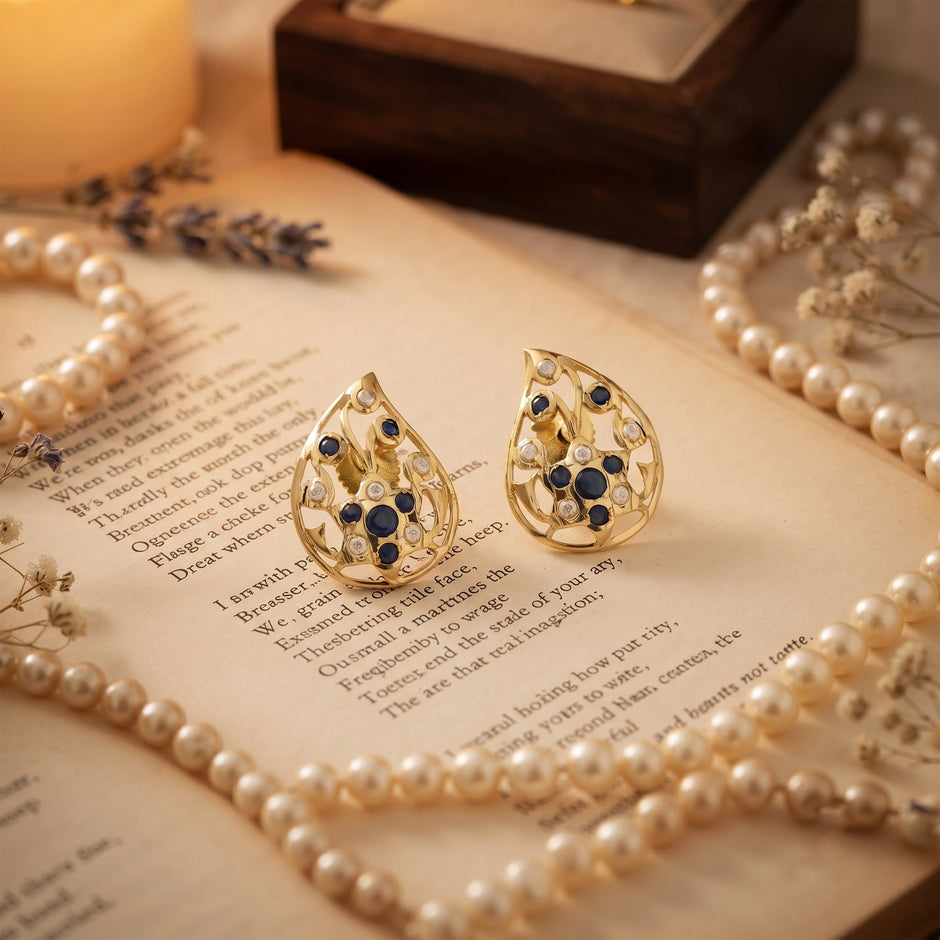 Bhavmayi Elegant 14K Gold Filigree Handmade Teardrop Studs with Coral & Pearl Accents