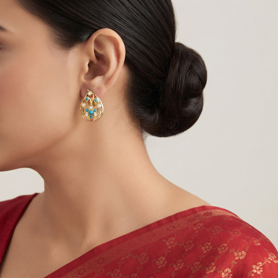 Bhavmayi Elegant 14K Gold Filigree Handmade Teardrop Studs with Coral & Pearl Accents