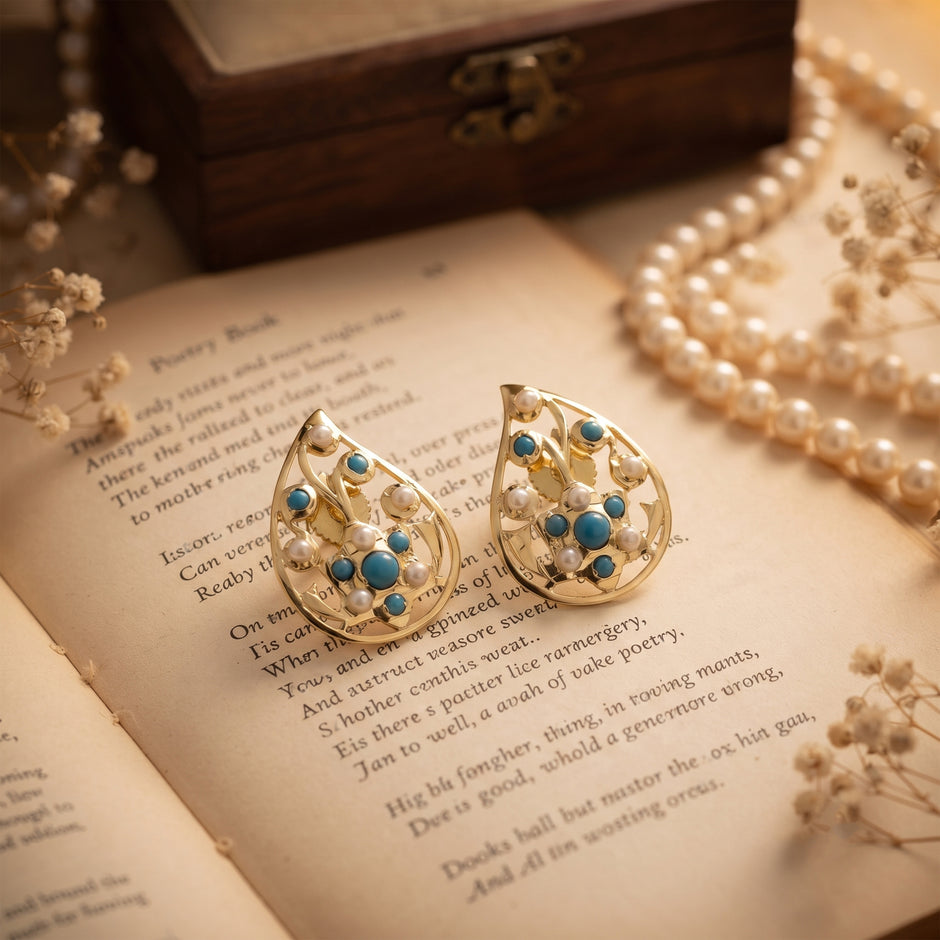 Bhavmayi Elegant 14K Gold Filigree Handmade Teardrop Studs with Coral & Pearl Accents