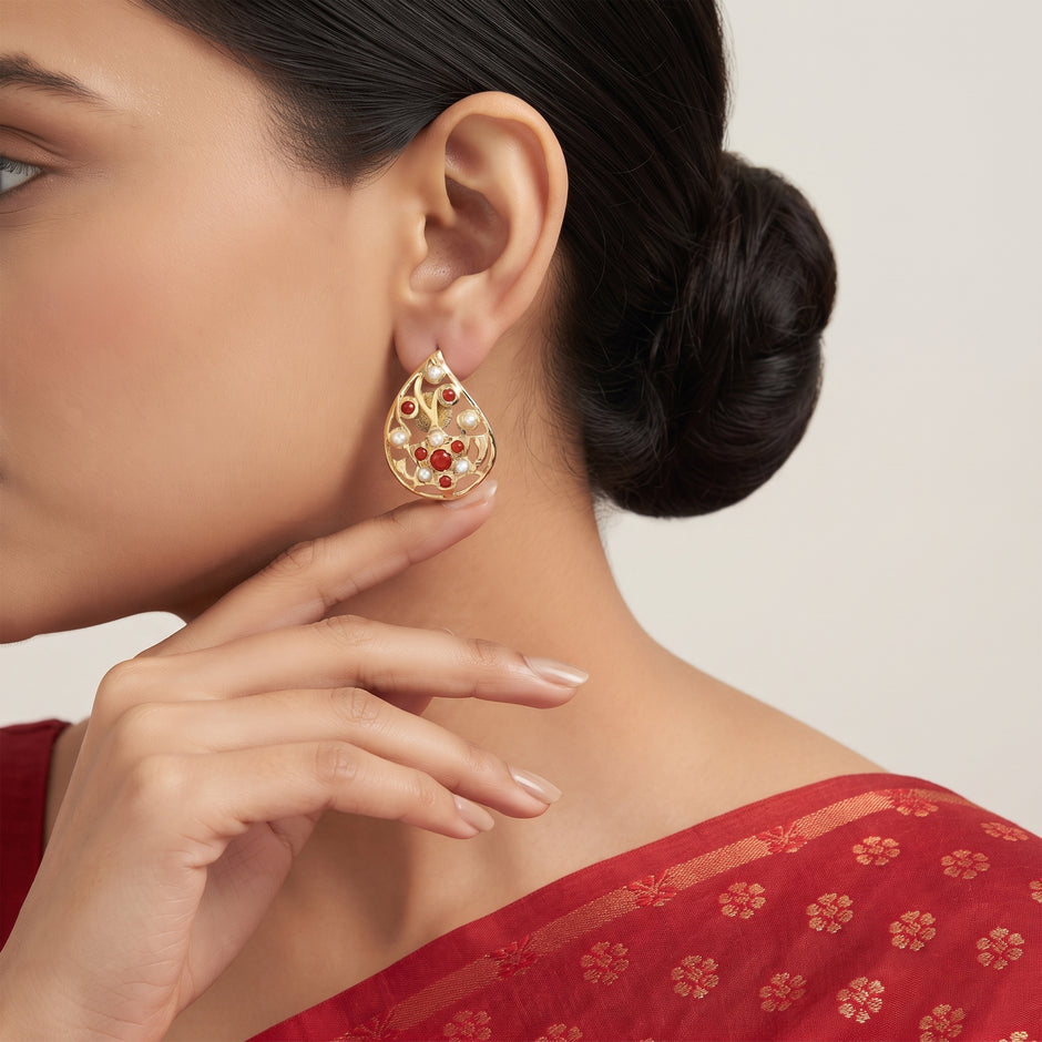 Bhavmayi Elegant 14K Gold Filigree Handmade Teardrop Studs with Coral & Pearl Accents