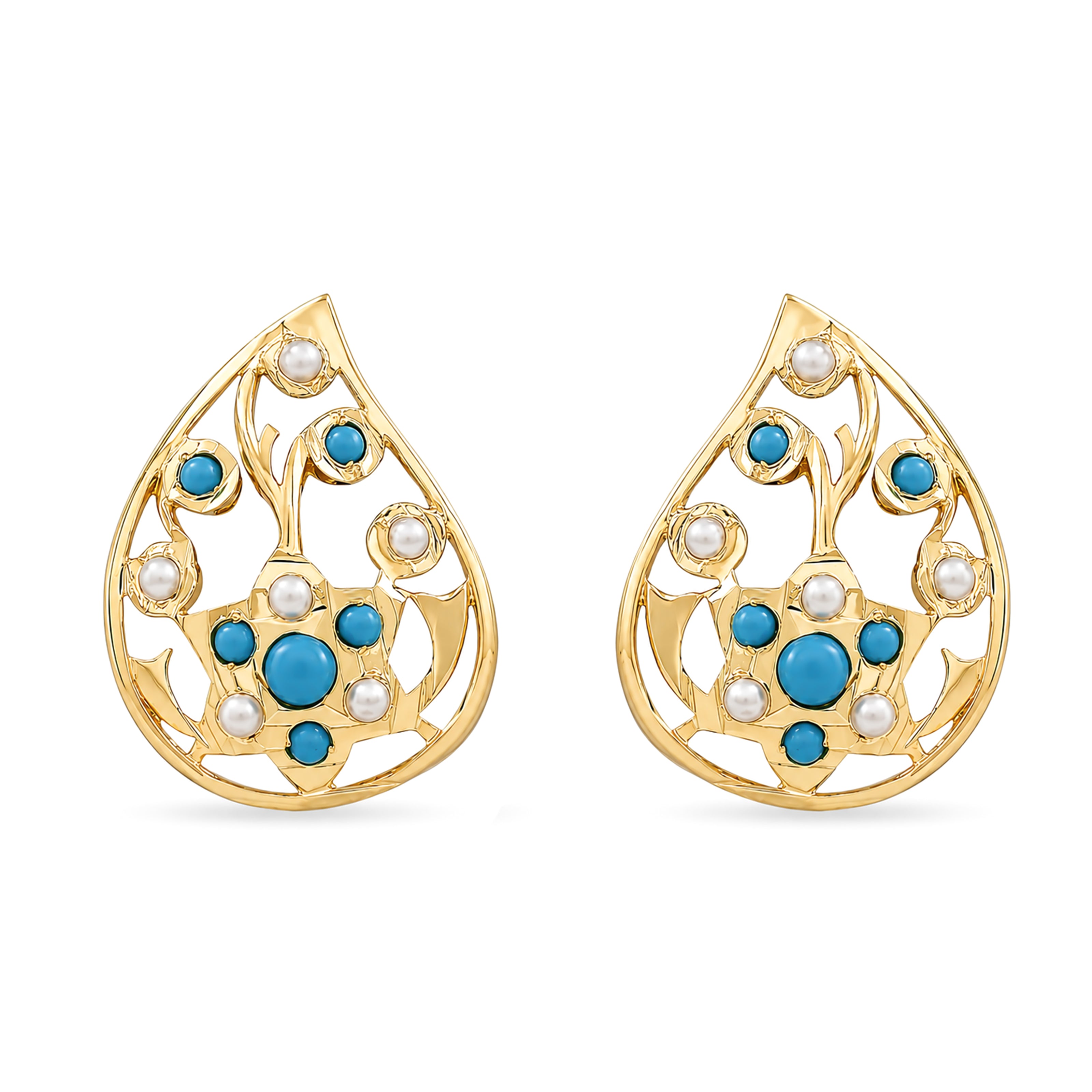 Bhavmayi Elegant 14K Gold Filigree Handmade Teardrop Studs with Coral & Pearl Accents
